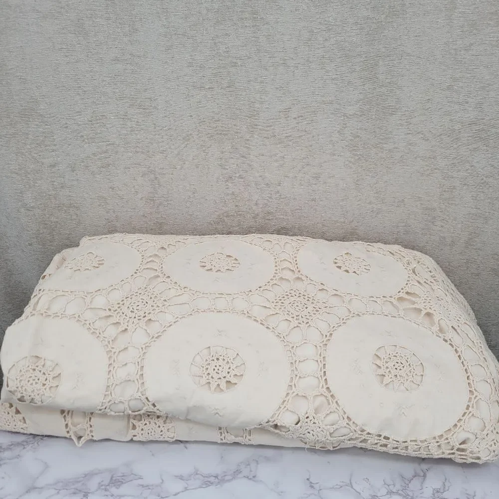Antique Vintage Hand Crochet Lace King Size Duvet Cover Off-white Cream